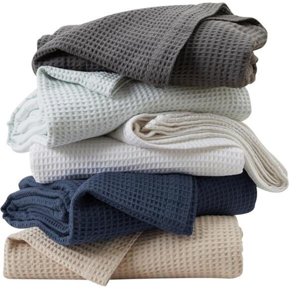 100% Cotton Blanket for Full Queen Size Bed -Light Blue Waffle Weave Lightweight - Picture 1 of 7